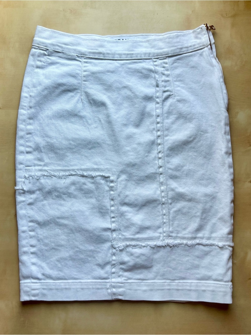 Frame Denim White Patchwork Stretch Pencil Skirt with Deconstructed Details
